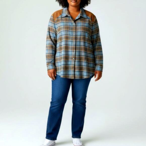 Norton McNaughton Plaid Shacket Shirt Blue Tan Faux Suede Shoulder 3X Cozy - Picture 2 of 13